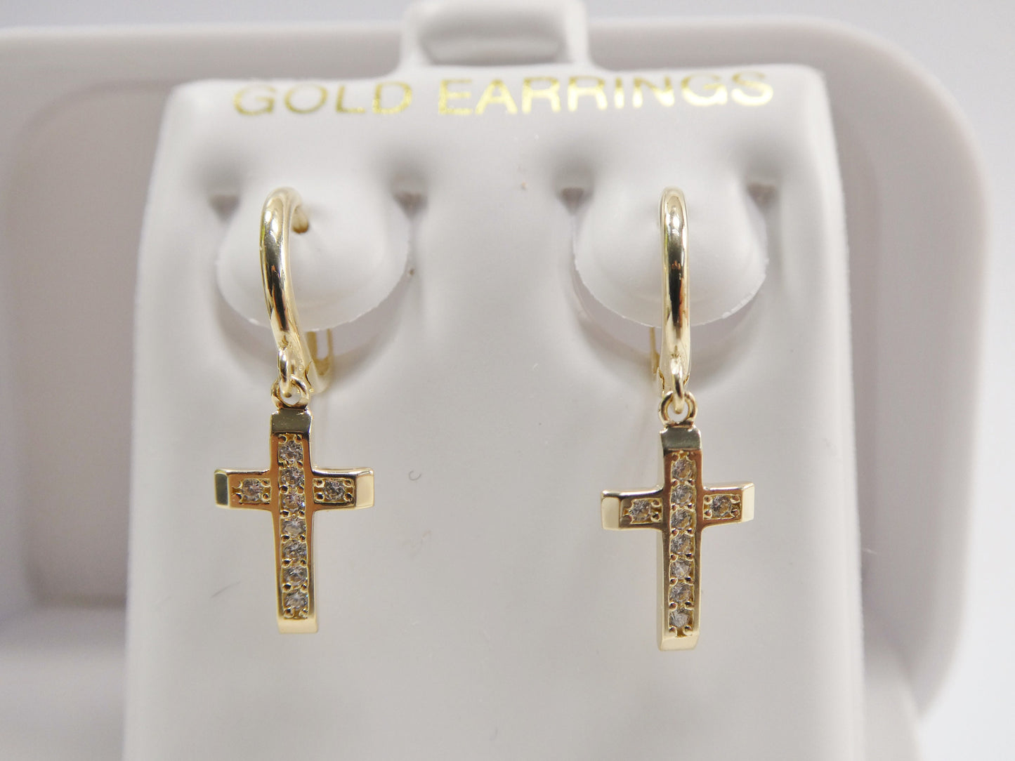 10k real solid yellow gold 1.5mm stone setting cross dangle on plain huggie hoop fancy earrings