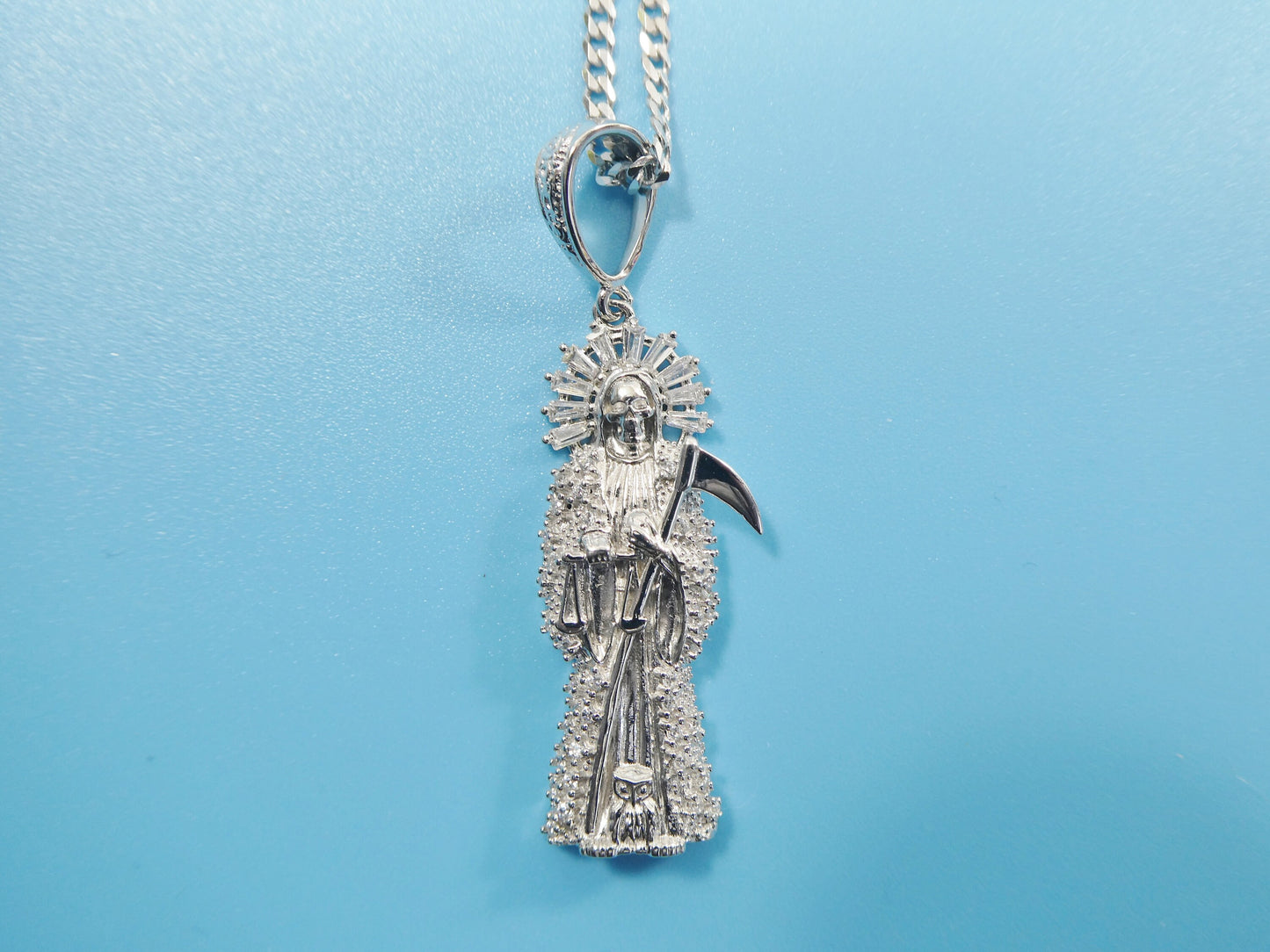 real 925 sterling silver 18 inch curb chain and santa muerte pendent charm