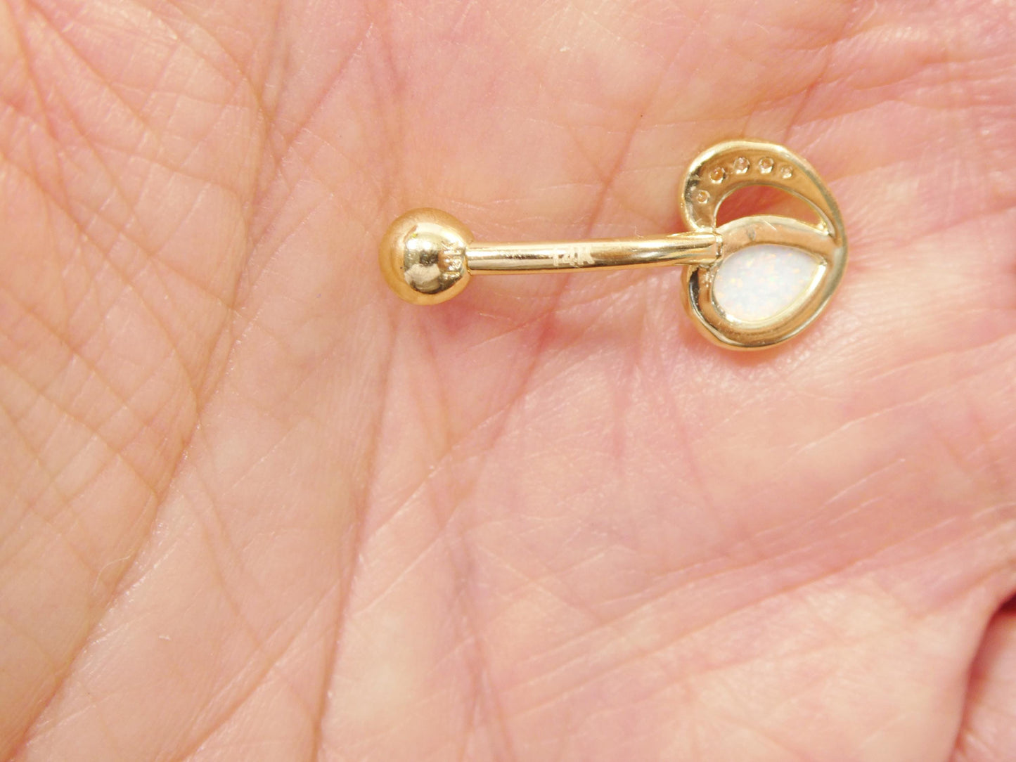 14k real solid yellow gold heart shape opal belly button ring piercing