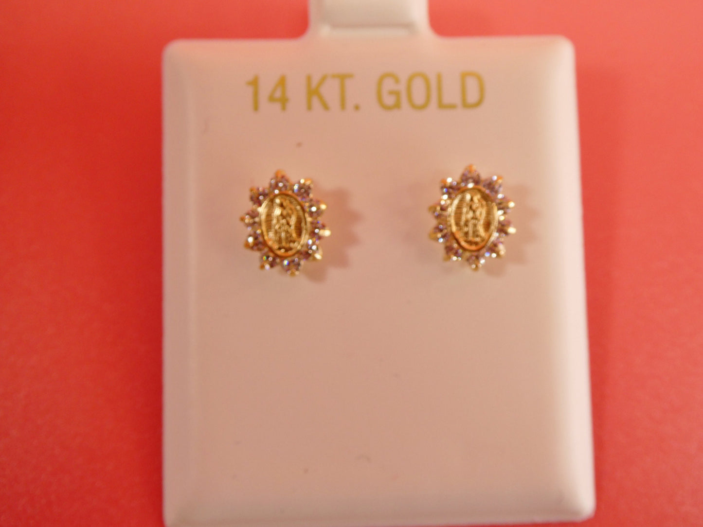 14k real solid yellow gold screw back Guadalupe virgin Mary earrings oval shape