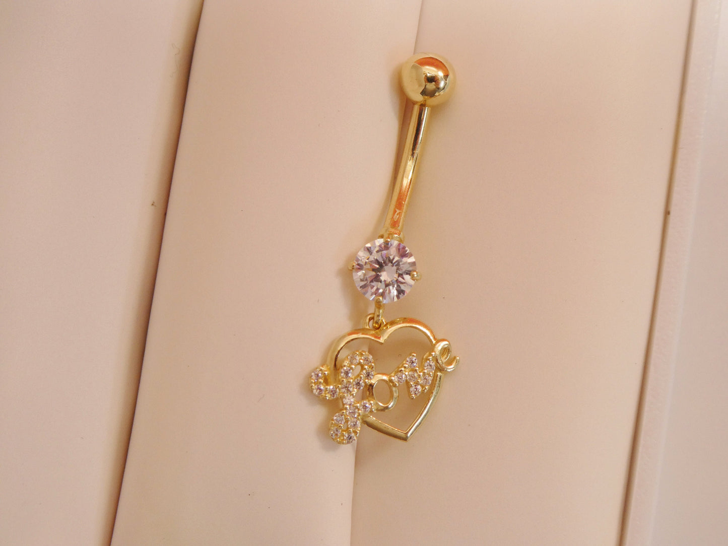 14k real solid yellow gold dangling love heart belly button ring piercing