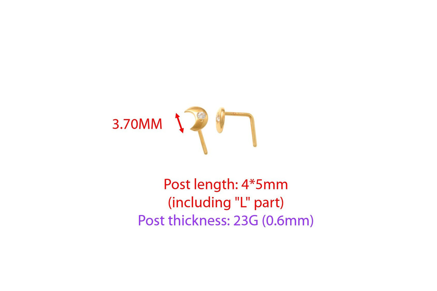 14k real solid yellow gold moon L shape nose ring