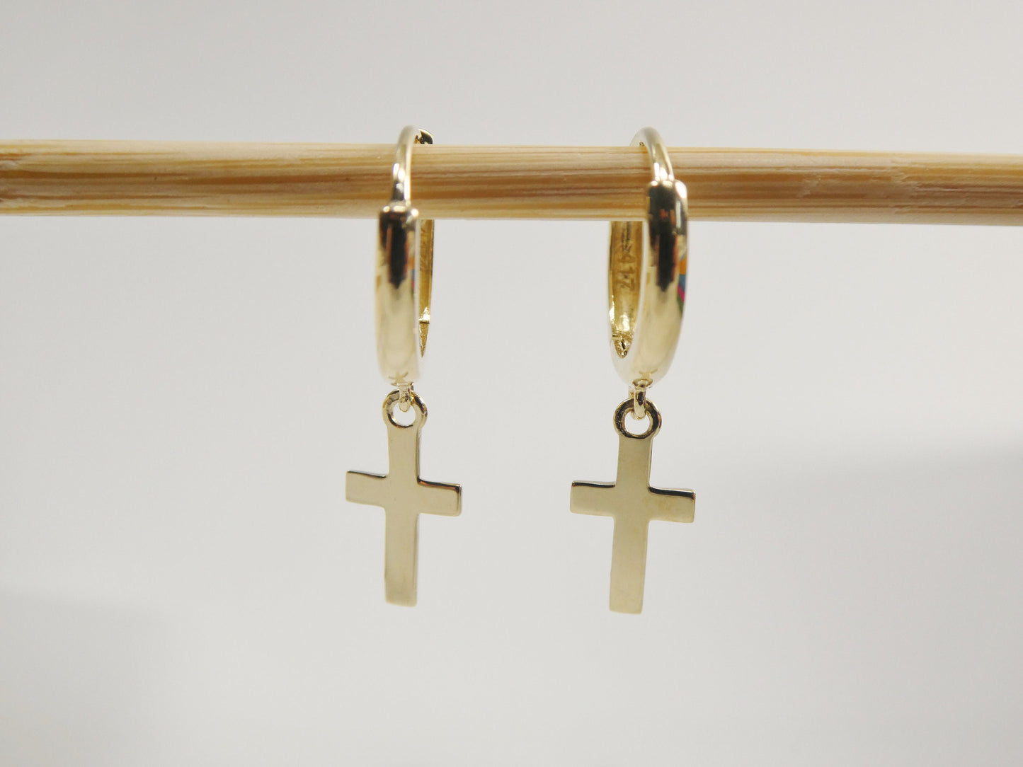 real 10k solid yellow gold hoop huggie dangle plain cross earring