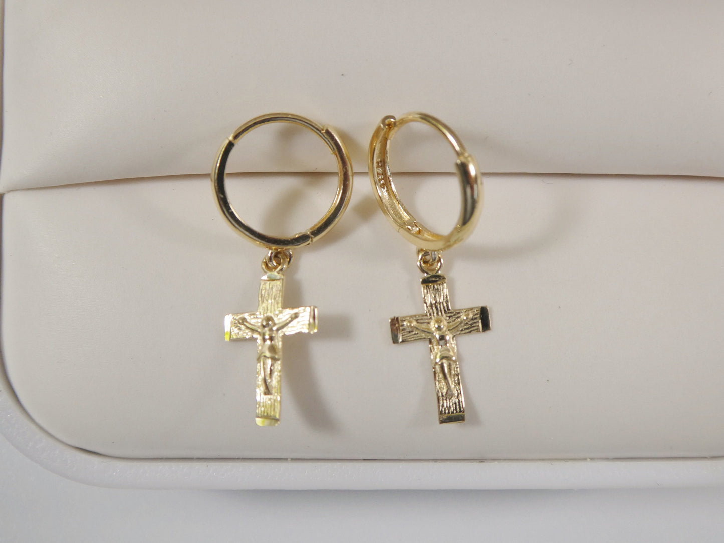 real 10k solid yellow gold hoop huggie dangle cross earring