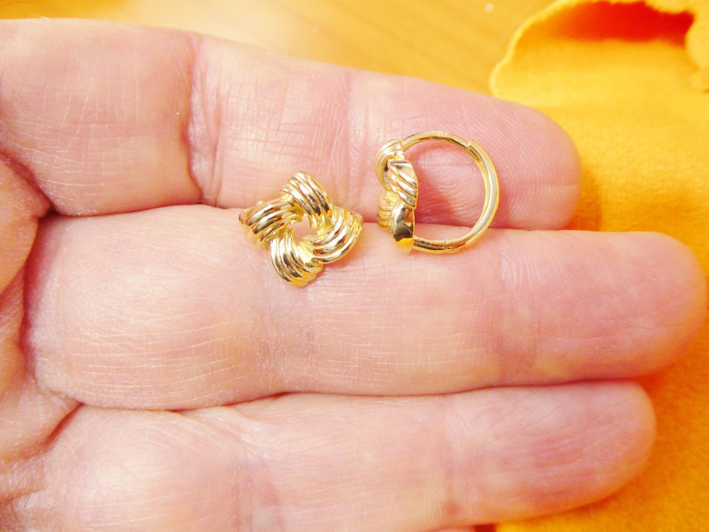 real 10k solid yellow gold designer love knot hoop huggie earrings