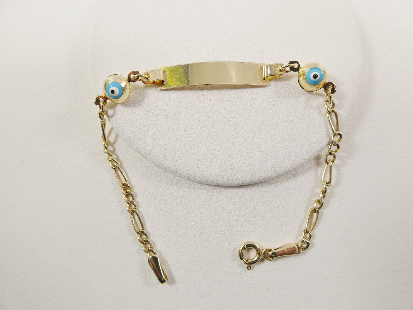 14K real solid yellow gold 5.5 inch Figaro style evil eye baby ID bracelet