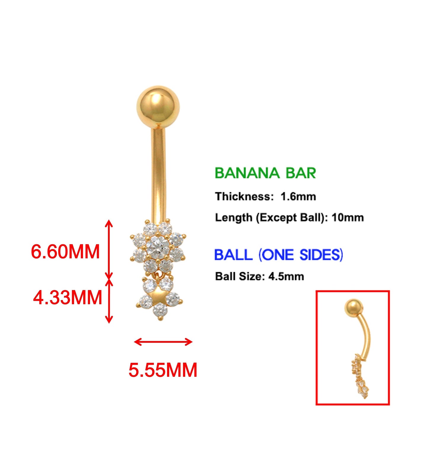 14k real solid yellow gold flower bar belly button ring piercing