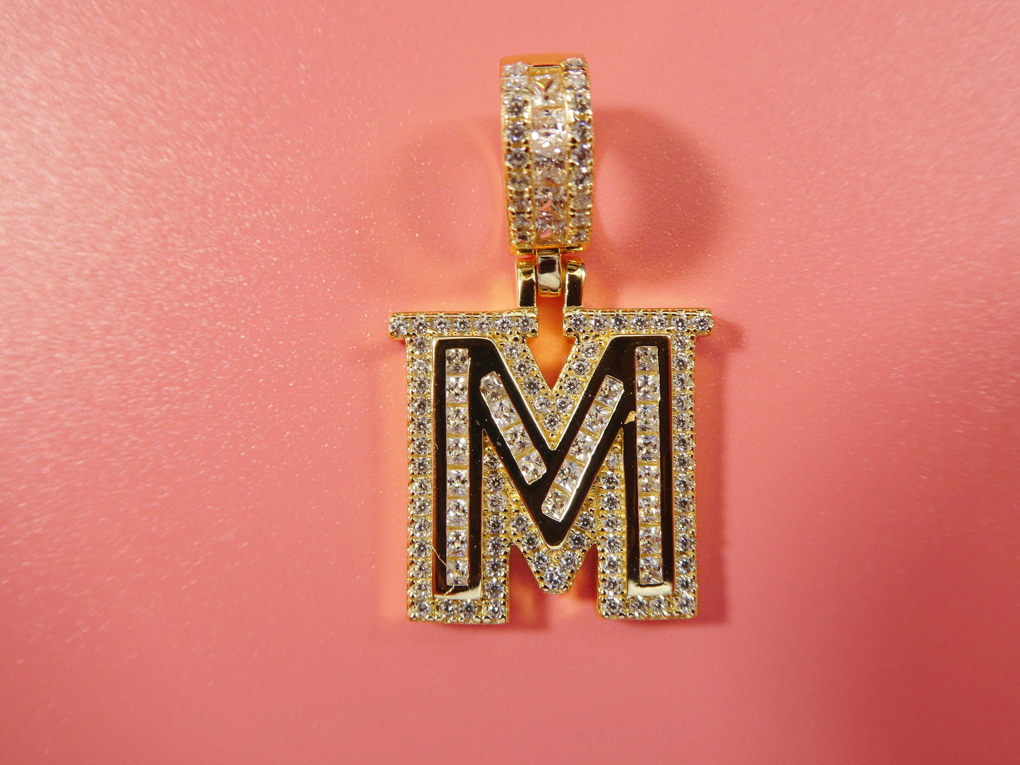 real 925 sterling silver yellow gold color tone baguette initial pendent with 18 inch small Miami chain