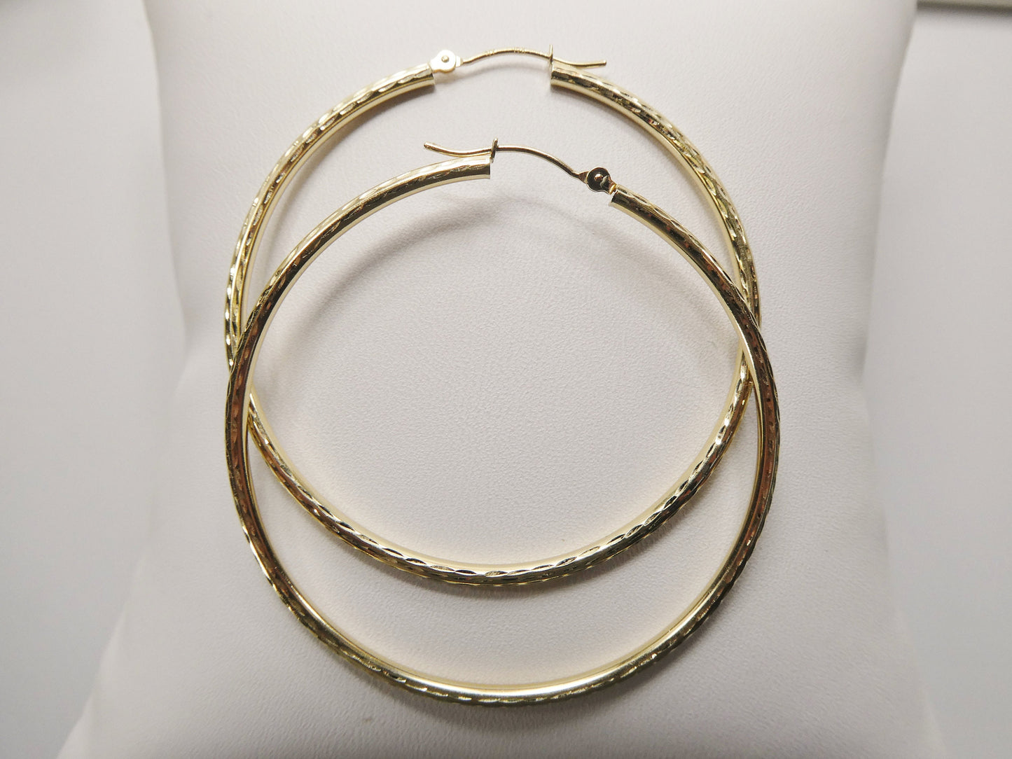 10K real solid yellow gold 50mm round hoop earring snap closure full diamond cut finish