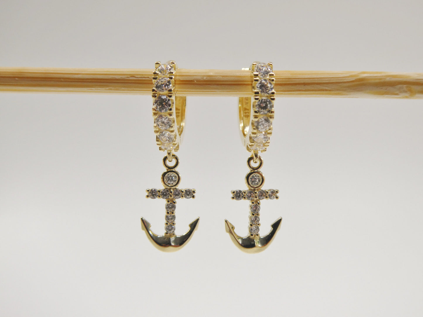 10k real yellow gold anchor dangling huggie hoop earring