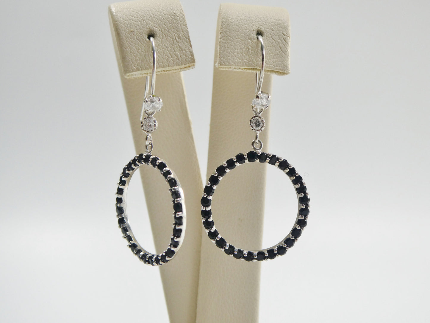 14k real solid white gold black stone circle earrings