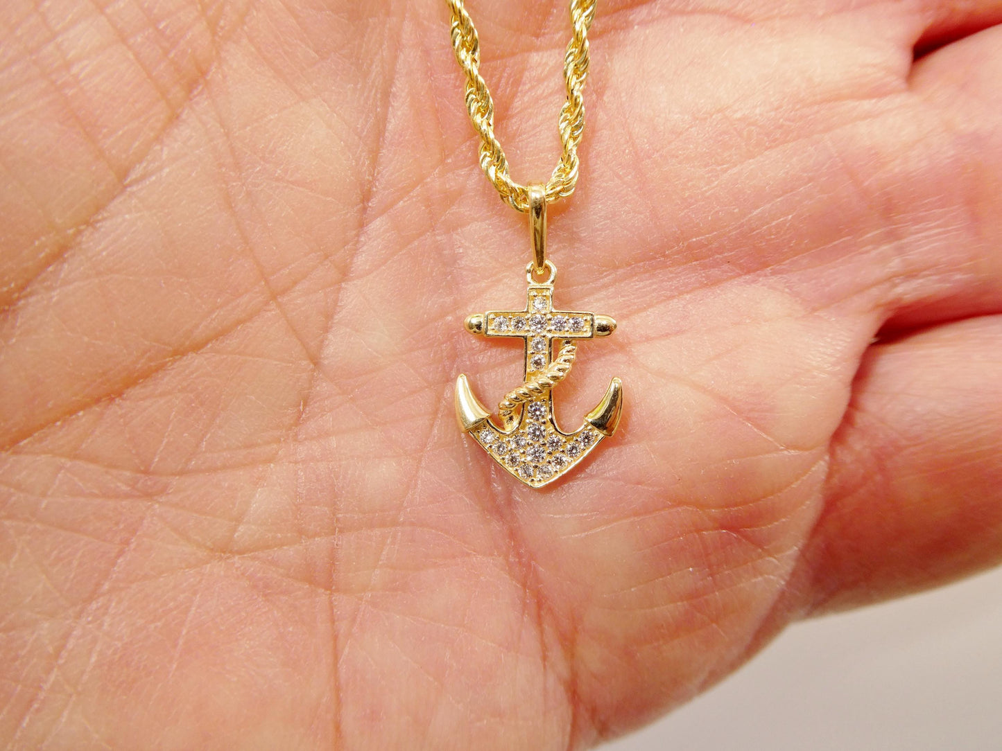 14k real solid yellow gold anchor pendent and rope necklace