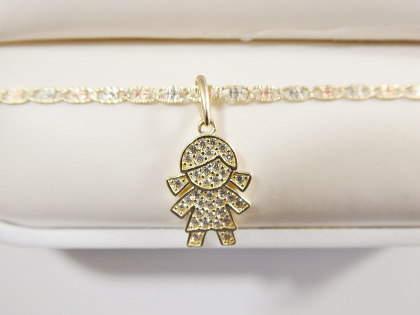 10k real solid yellow gold small girl pendent and 16 inch Valentino necklace