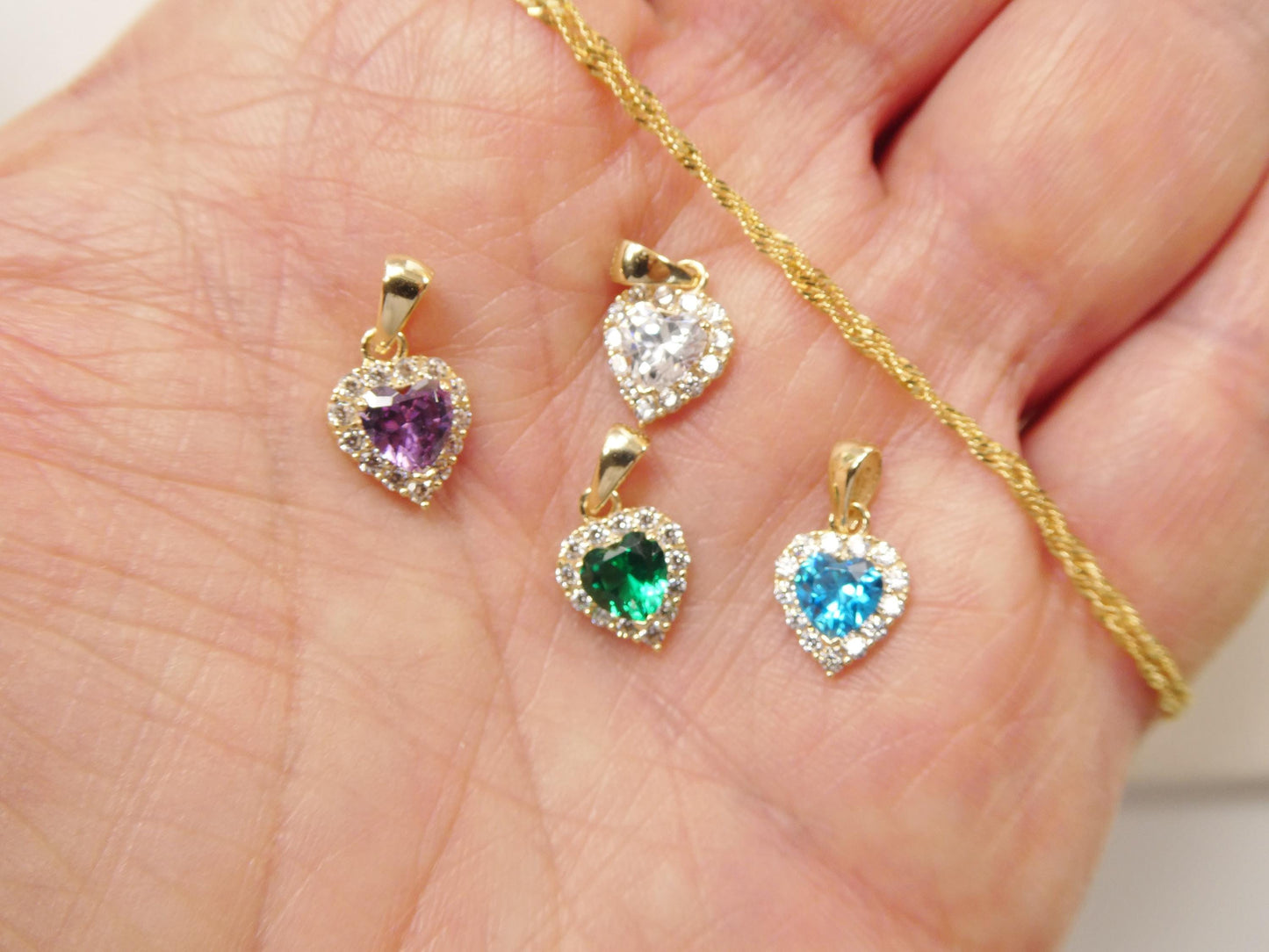 10k real solid yellow gold 16 inch necklace and color stone heart pendent set