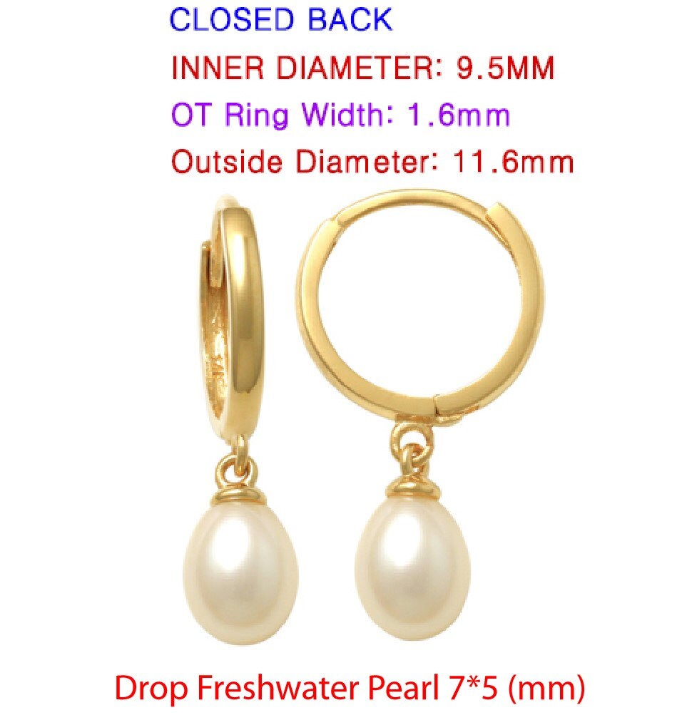 real 10k solid yellow gold dangling cultured freshwater pearl plain hoop huggie earrings