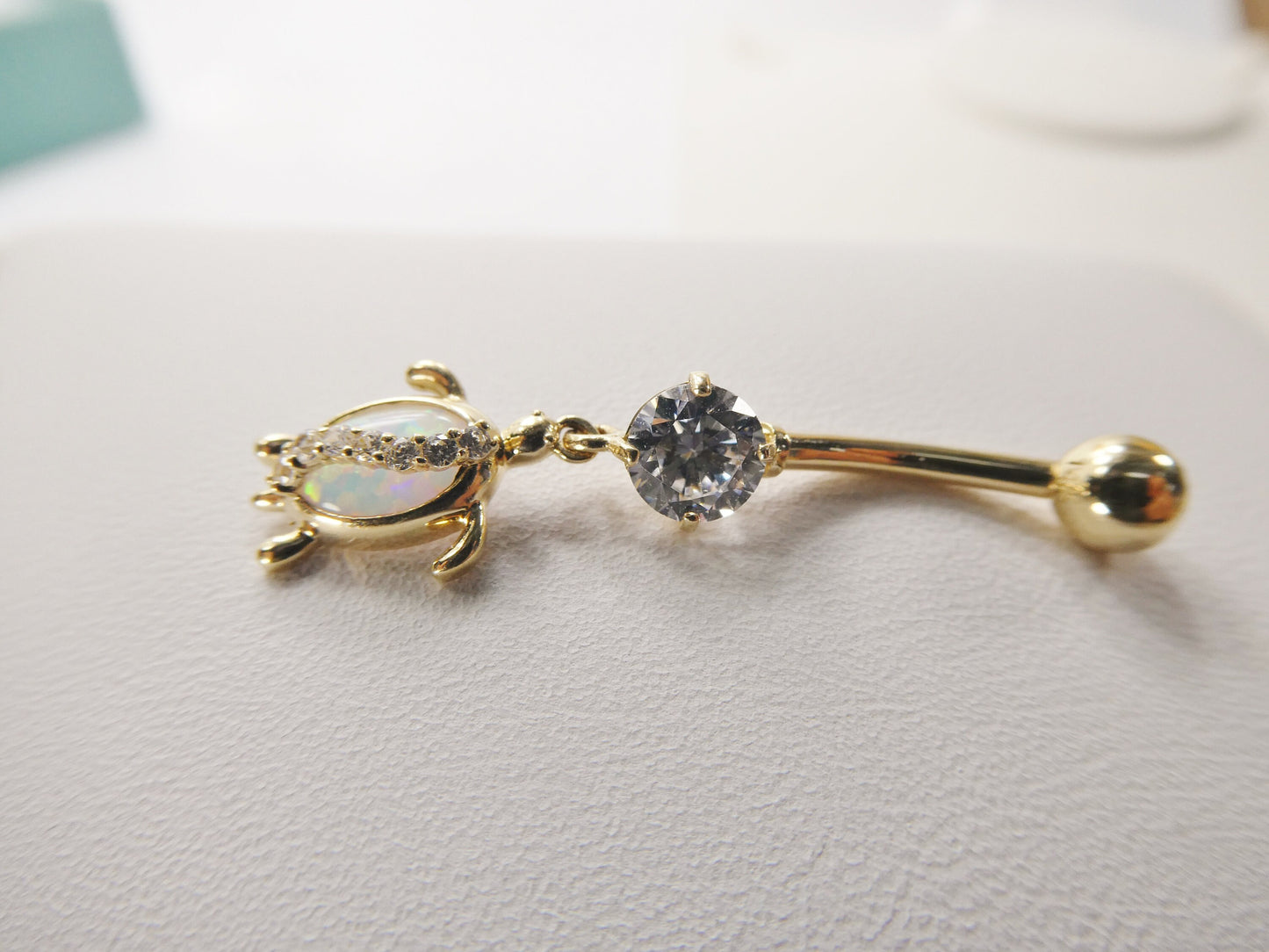 14k real solid yellow gold mother of pearl turtle belly button ring piercing