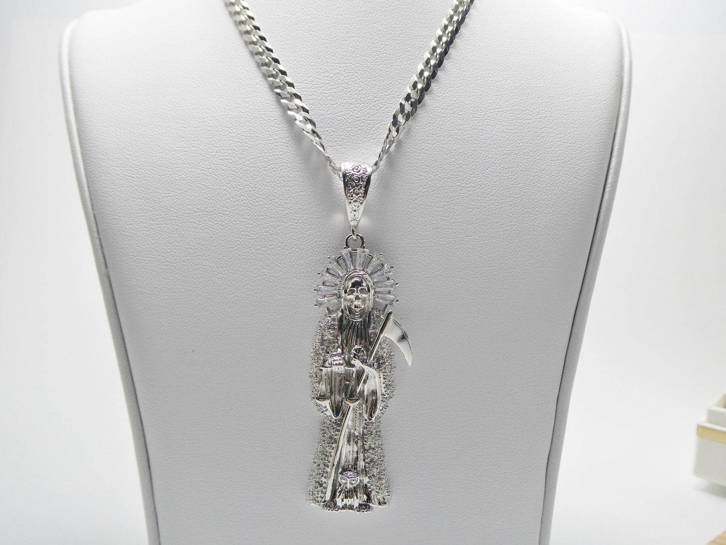 real 925 sterling silver 24 inch flat chain and extra large santa muerte pendent charm