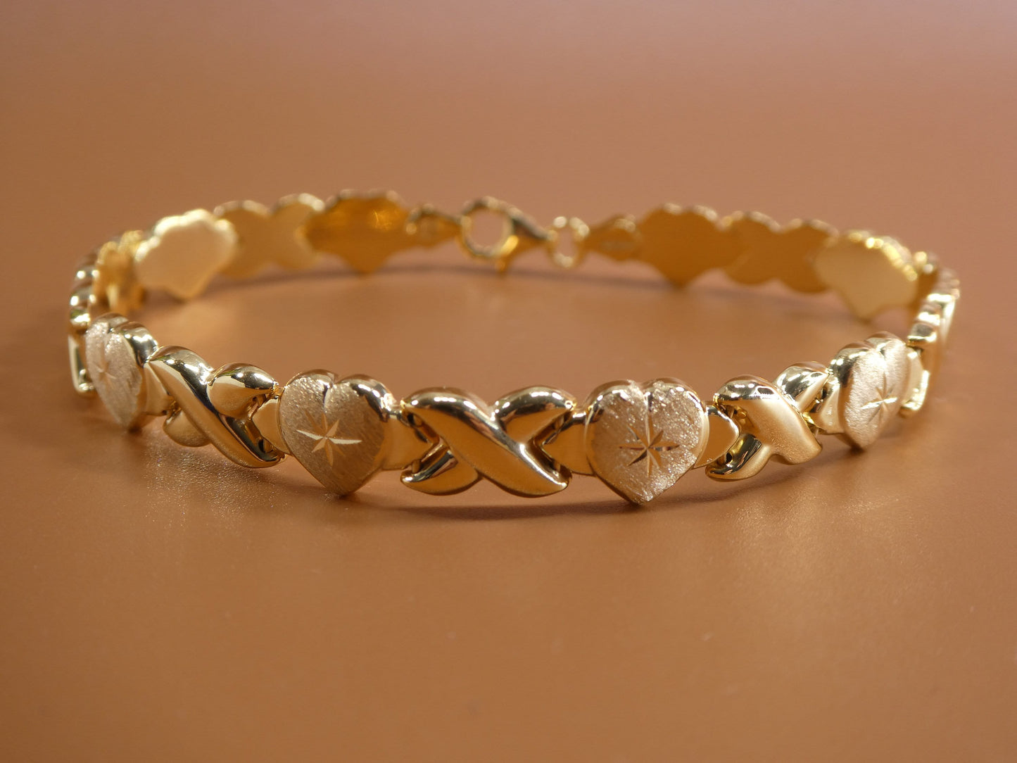 6.5 / 7 / 8 / 10 inch xoxo heart stampato bracelet all yellow tone 14k yellow gold color finish over real 925 sterling silver
