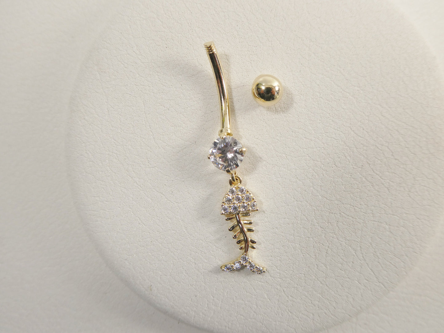 14k real solid yellow gold fish skeleton dangling belly button ring piercing
