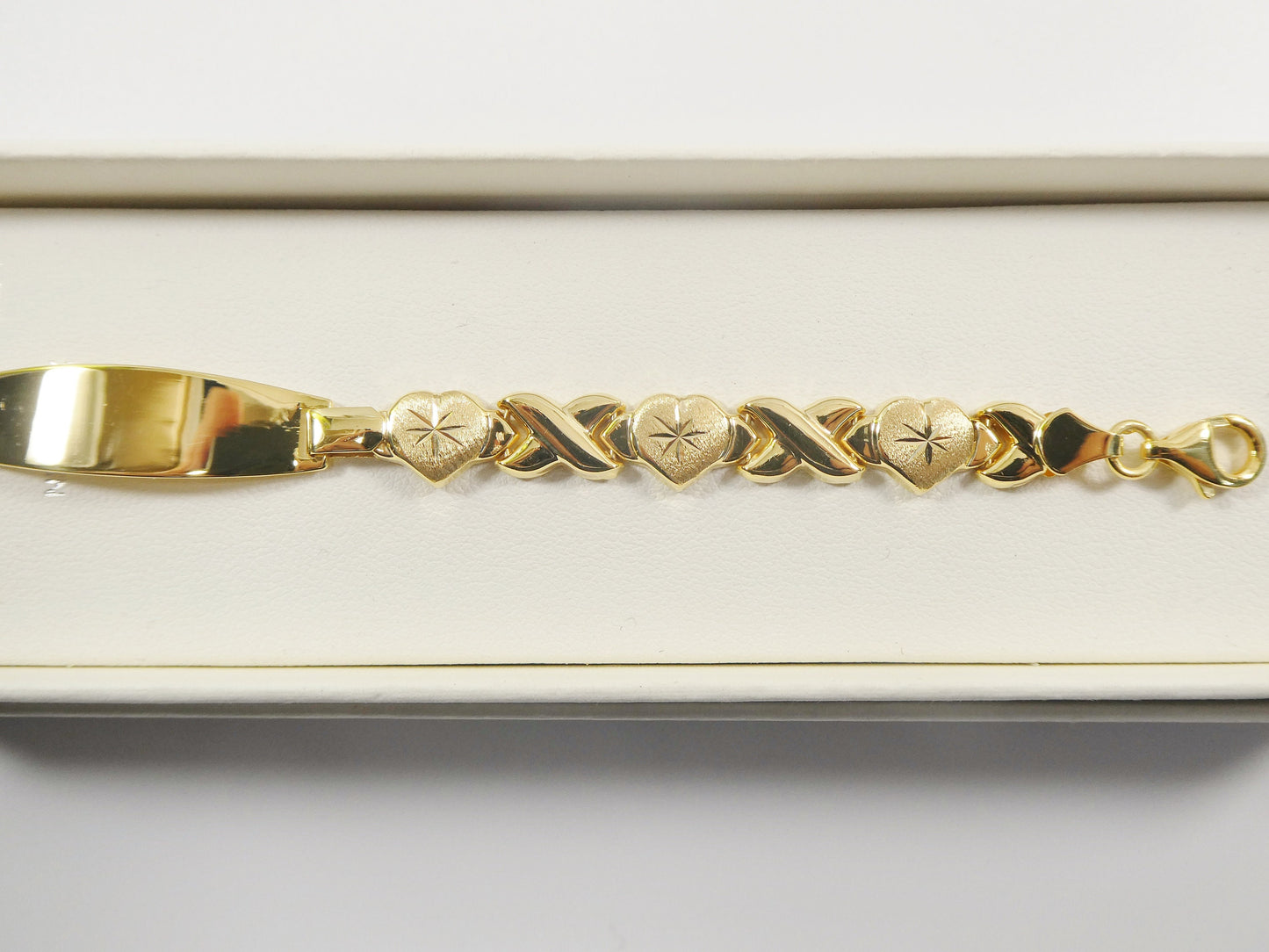 real 925 sterling silver stampato x heart ID bracelet 14k yellow gold finish