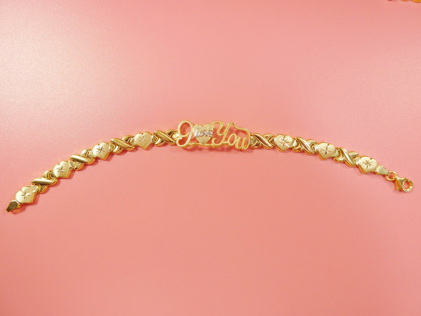 real 925 sterling silver I love you xo heart stampato bracelet 14k yellow gold tone finish