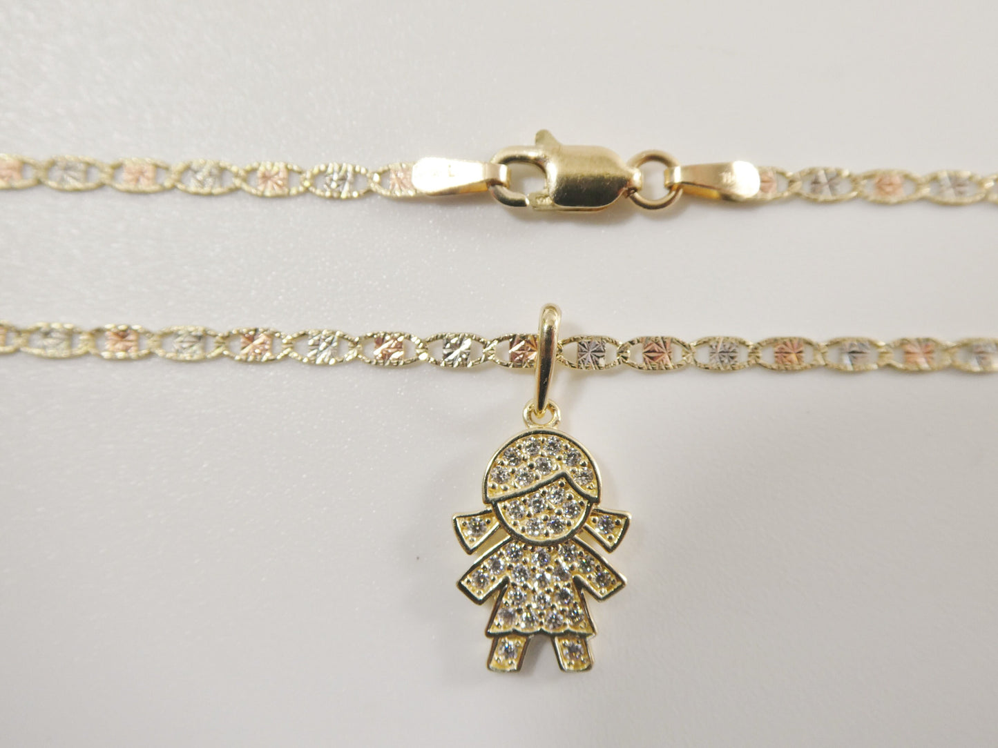 10k real solid yellow gold small girl pendent and 16 inch Valentino necklace