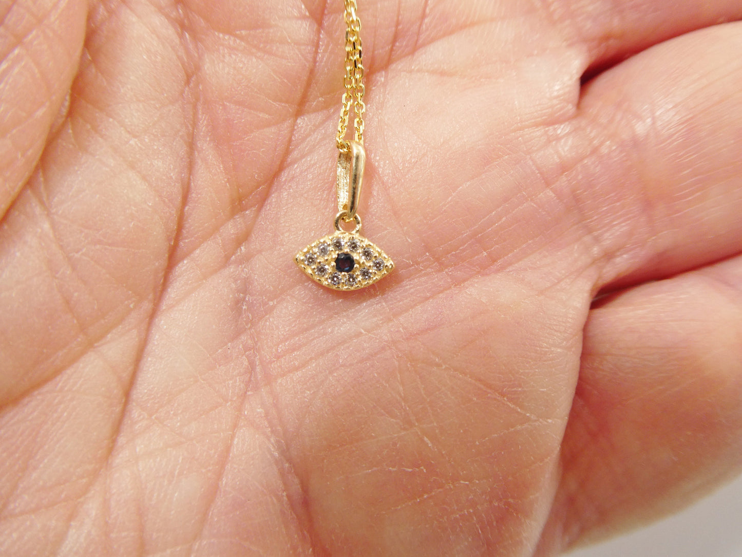 14k real solid yellow gold small evil eye pendent and cable necklace