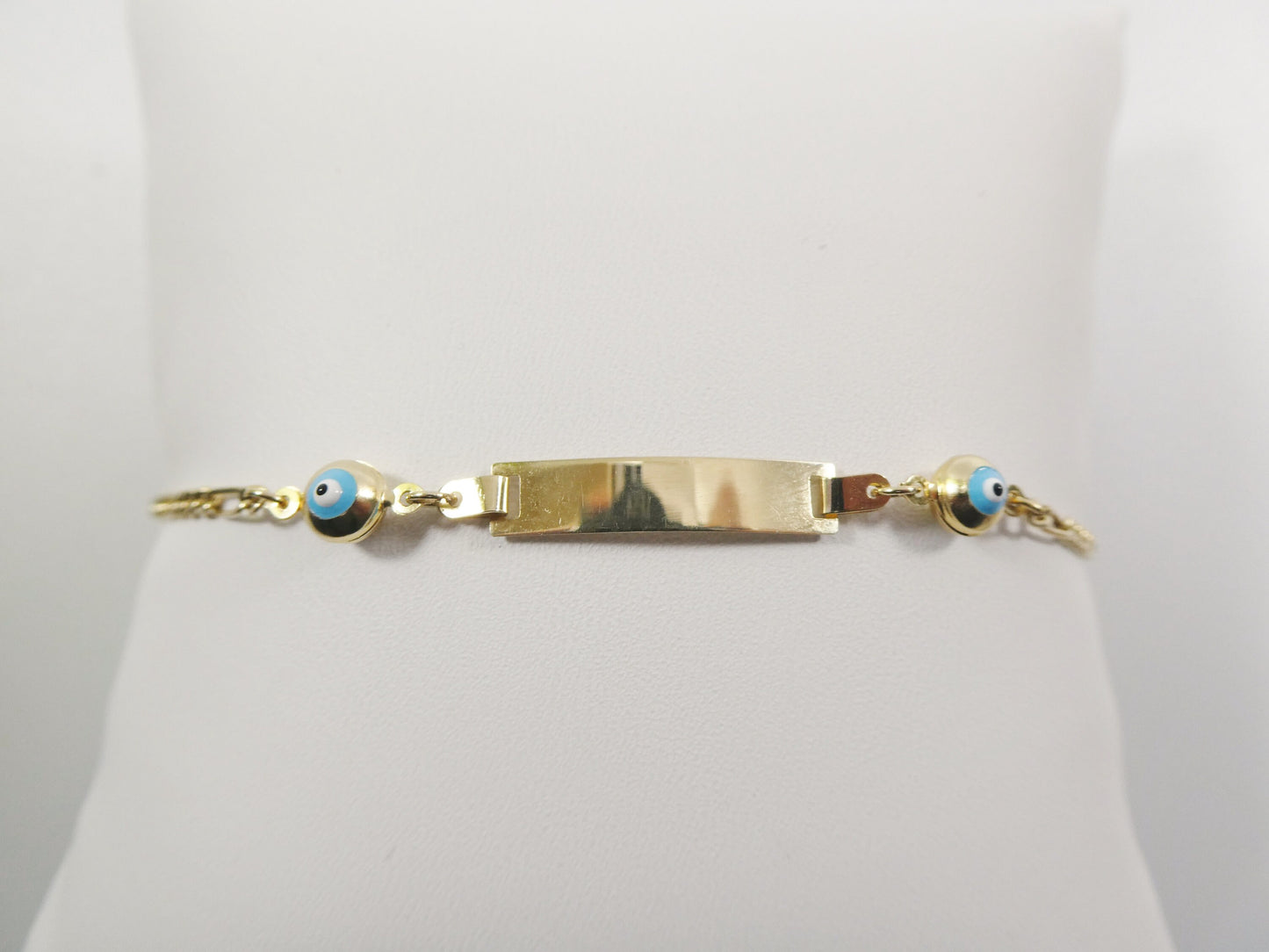 14K real solid yellow gold 5.5 inch Figaro style evil eye baby ID bracelet