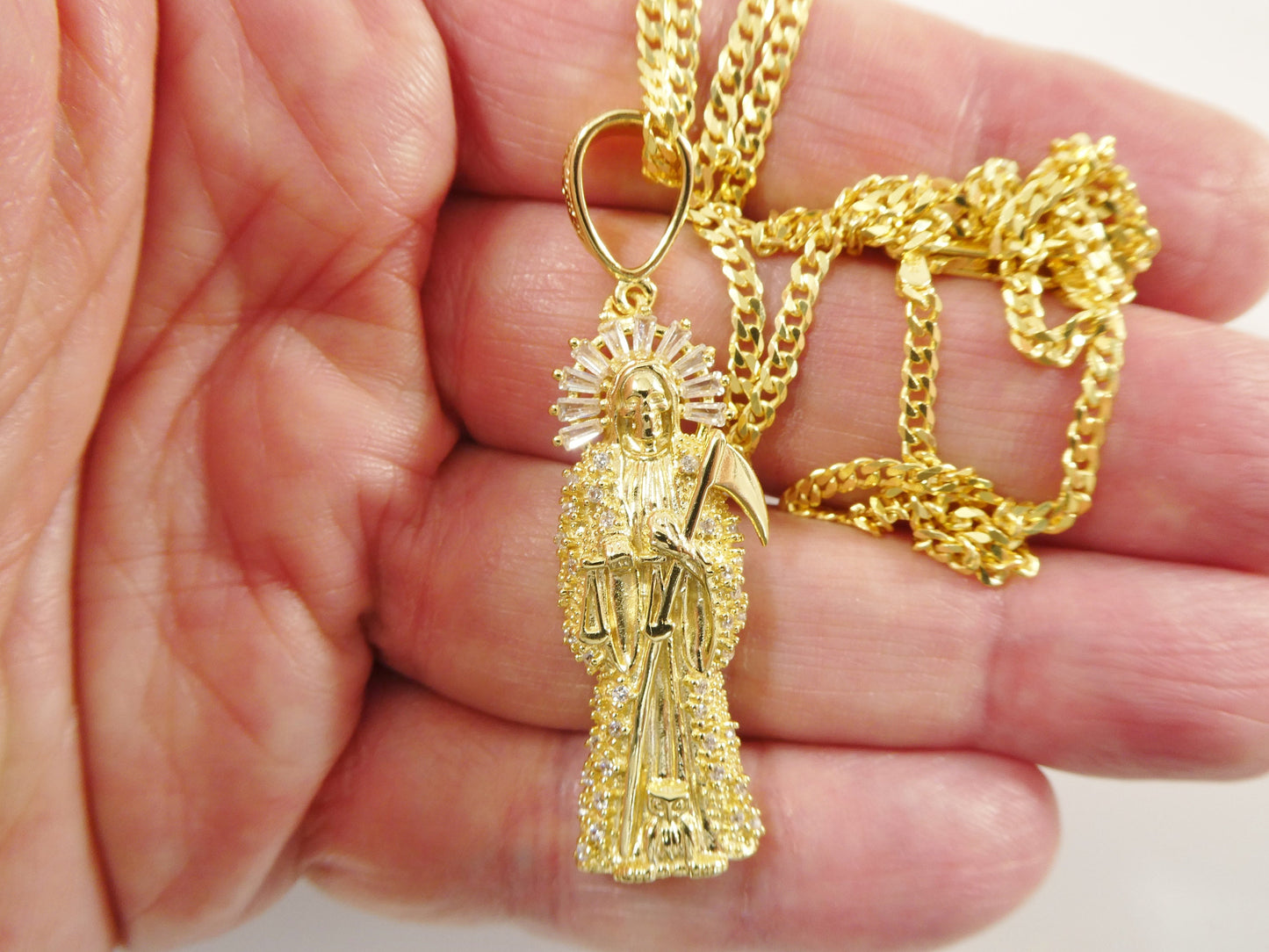 real 925 sterling silver 18 inch flat chain and santa muerte pendent charm14k yellow gold finish