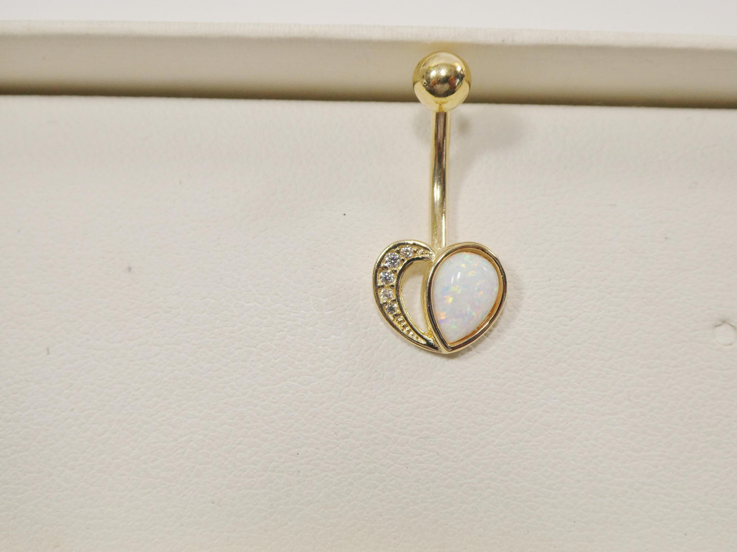 14k real solid yellow gold heart shape opal belly button ring piercing