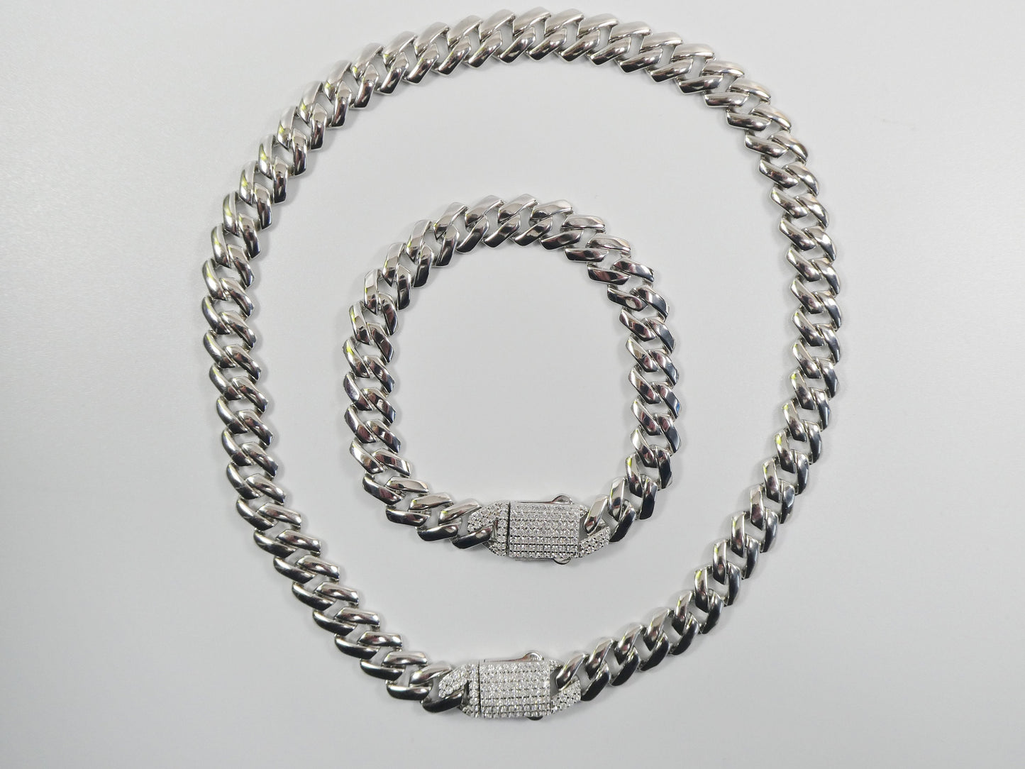 11mm real 925 sterling silver Monaco style bracelet and necklace 14k white gold finish