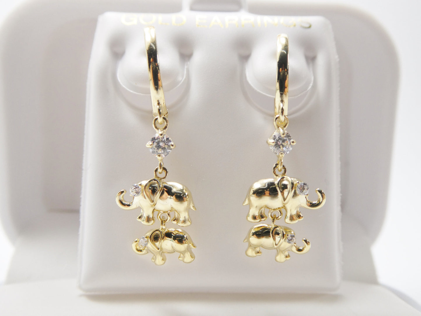 real 10k solid yellow gold double elephant dangling hoop huggie earrings