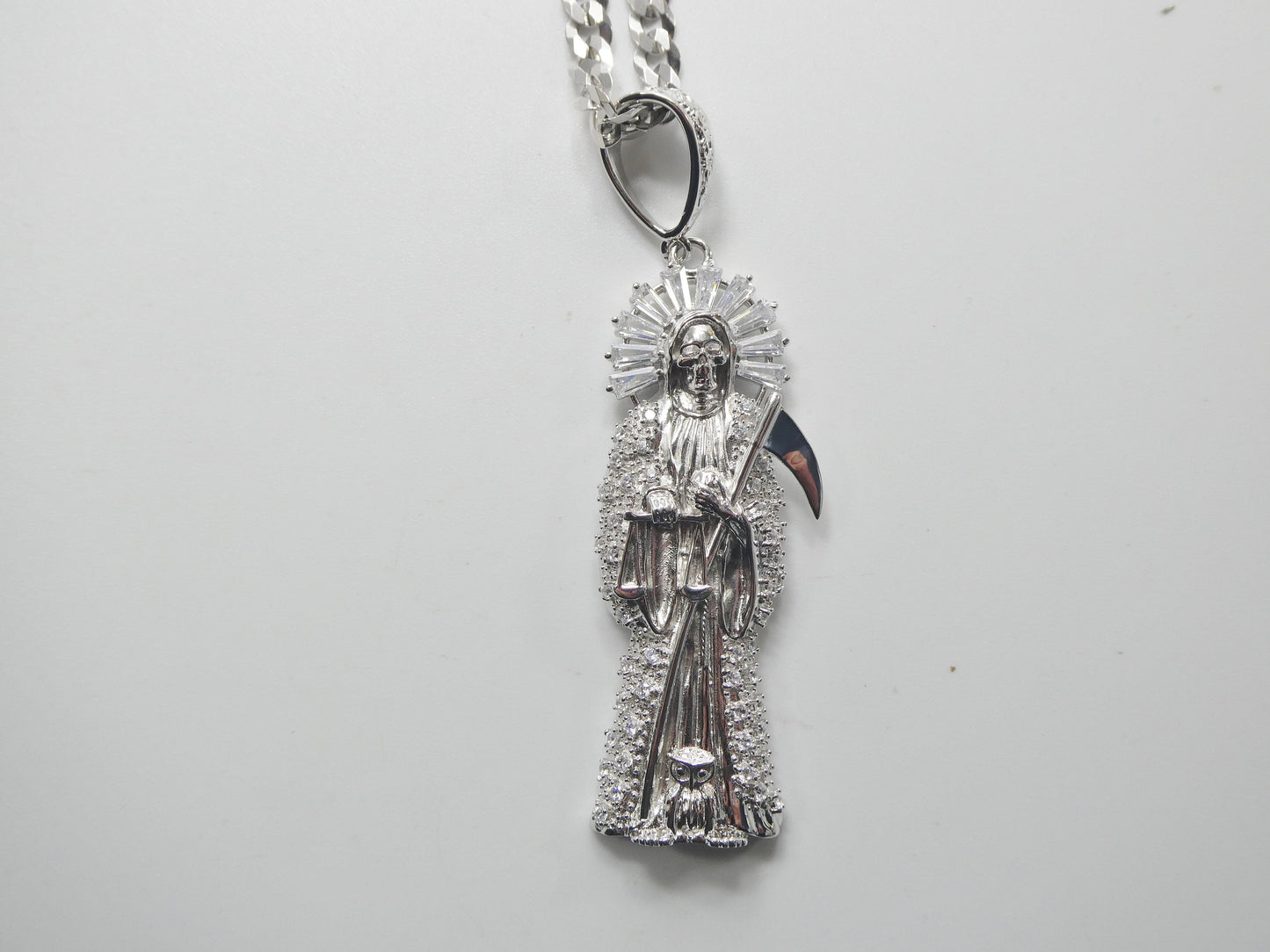 real 925 sterling silver 24 inch flat chain and extra large santa muerte pendent charm