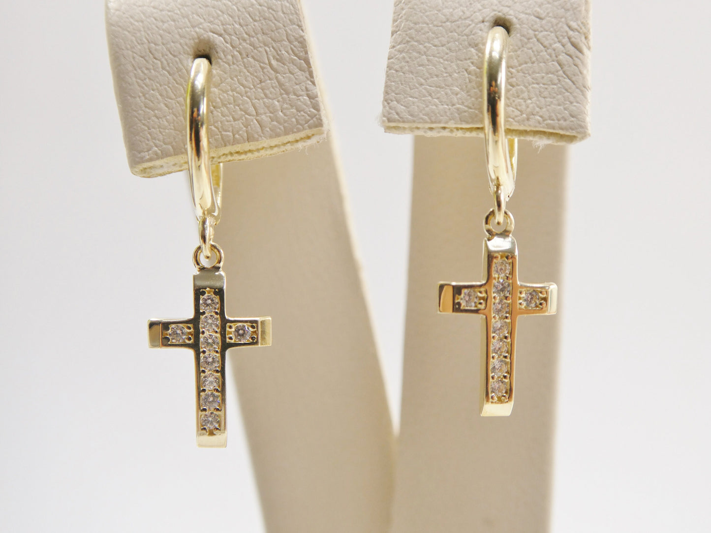 10k real solid yellow gold 1.5mm stone setting cross dangle on plain huggie hoop fancy earrings