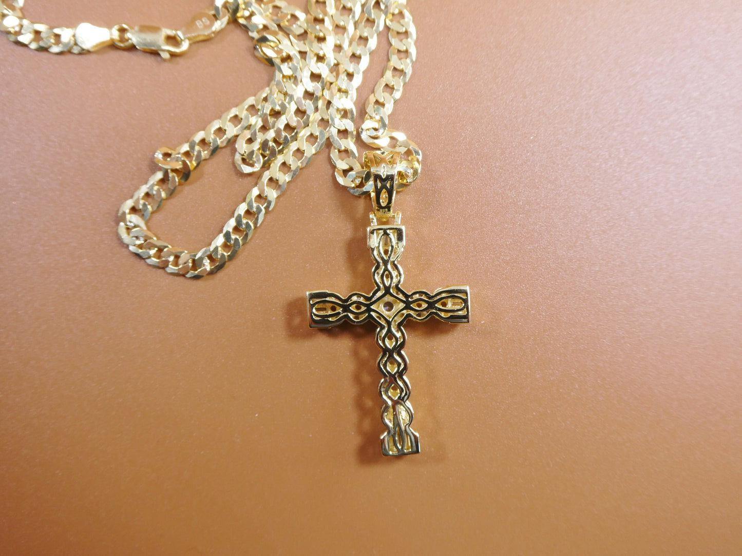 14k yellow gold color tone chain and cross charm pendent over real 925 sterling silver
