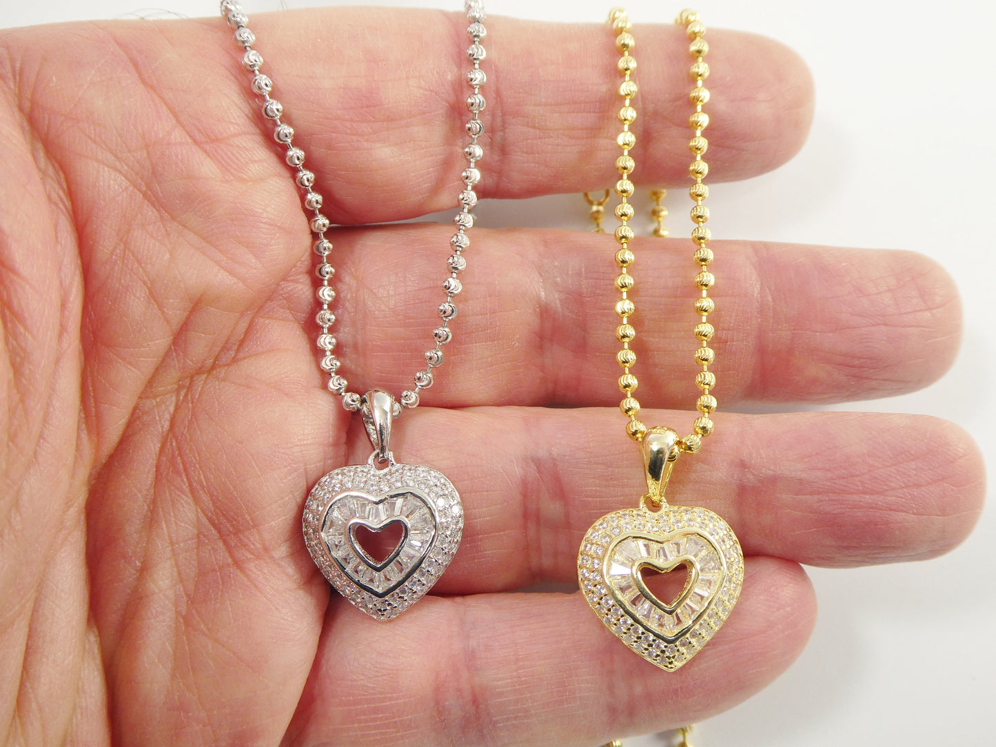 real 925 sterling silver 14k yellow / silver color moon cut chain and baguette setting heart