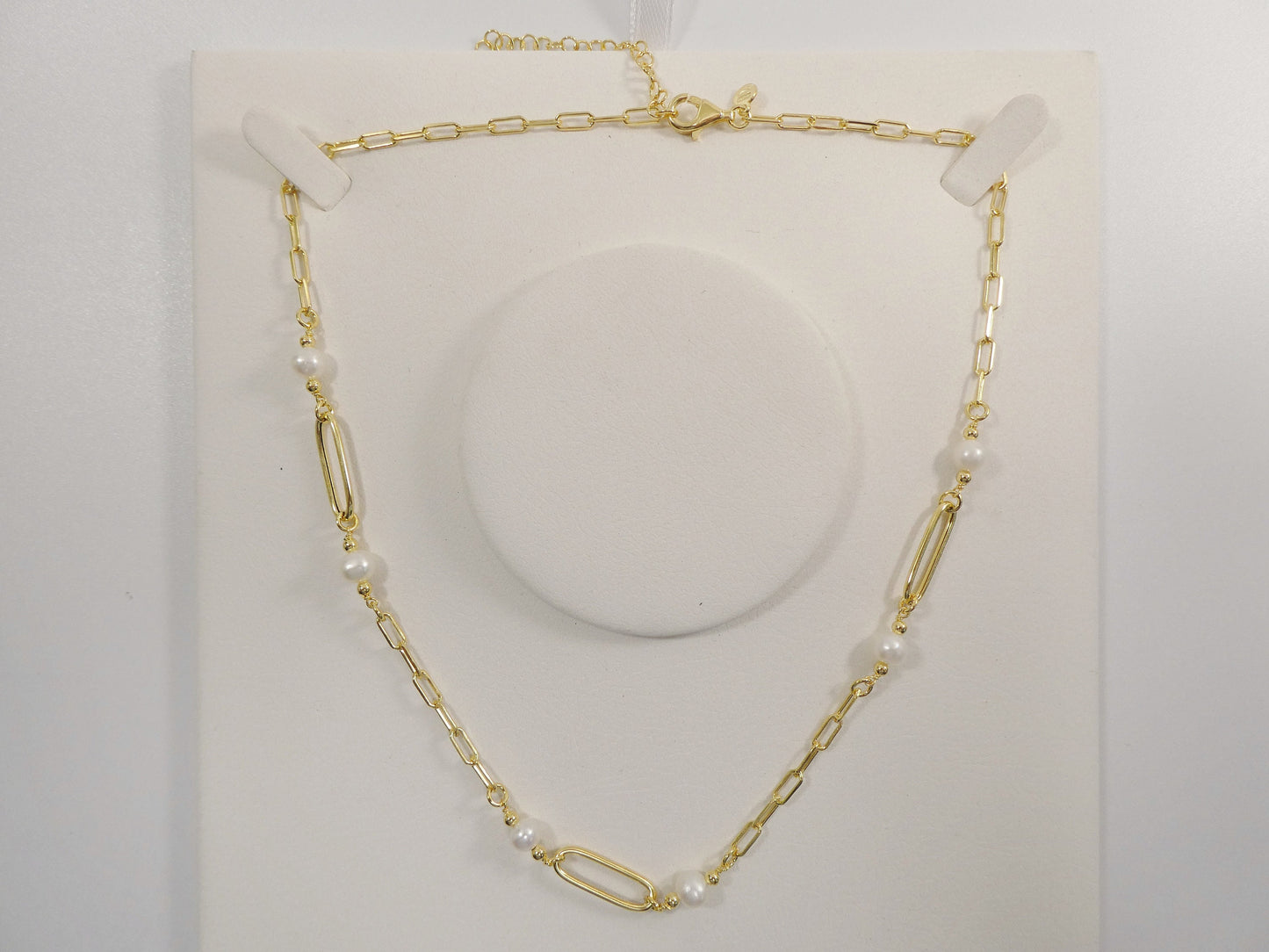 16 inch W/ 2 INCH EXTENTION pearl / paper clip necklace real 925 sterling silver 14k gold color finish