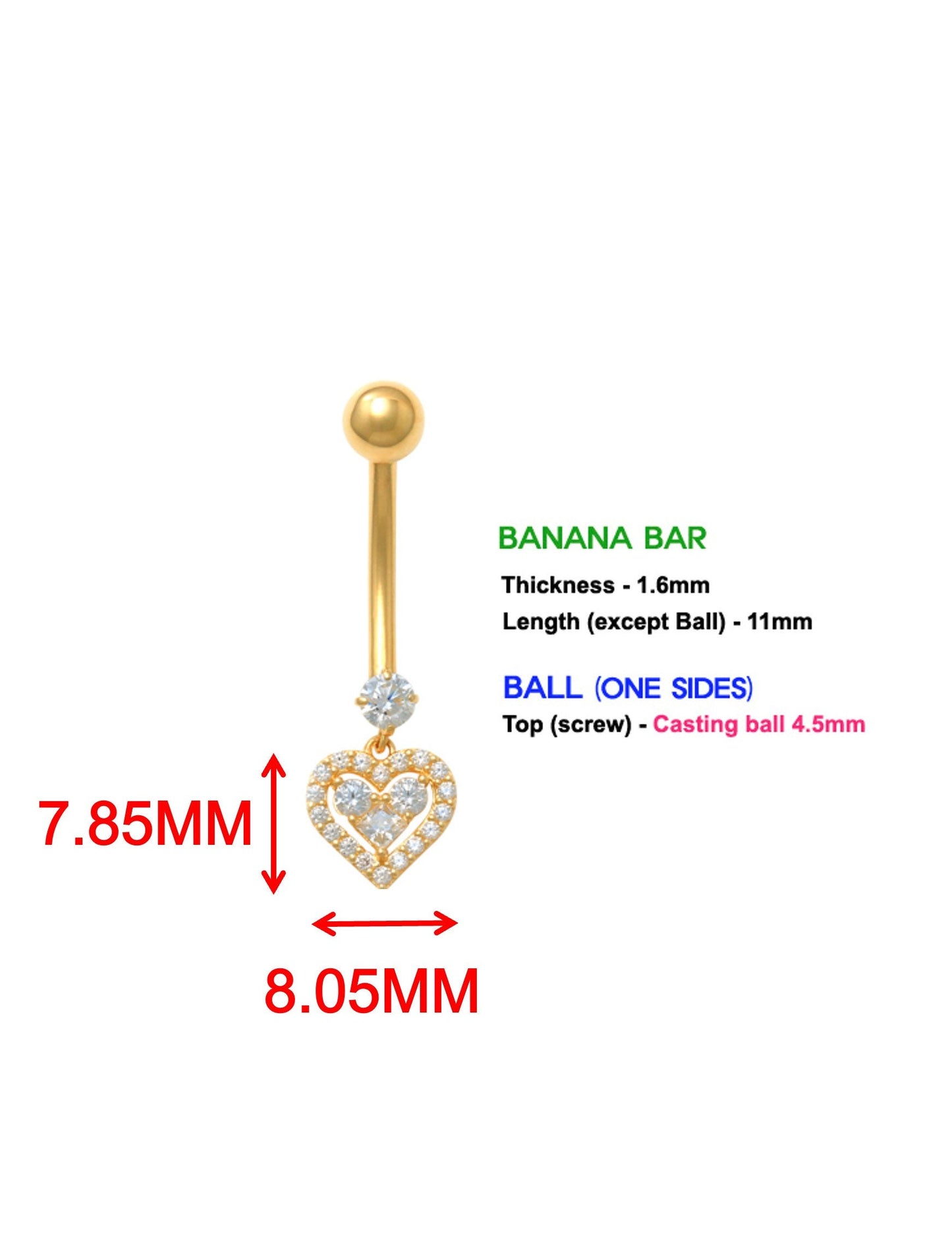 14k real solid yellow gold dangling heart belly button ring piercing