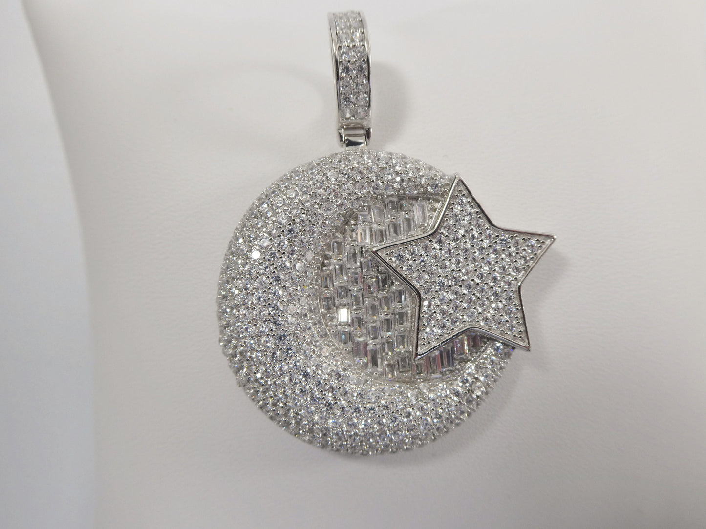real 925 sterling silver large Muslim moon and star pendent full ice stone charm
