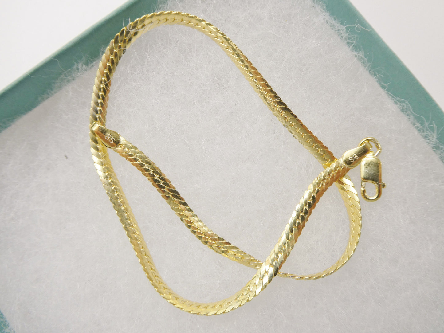 Real 925 sterling silver puff herringbone 10 inch anklet 14k yellow gold finish