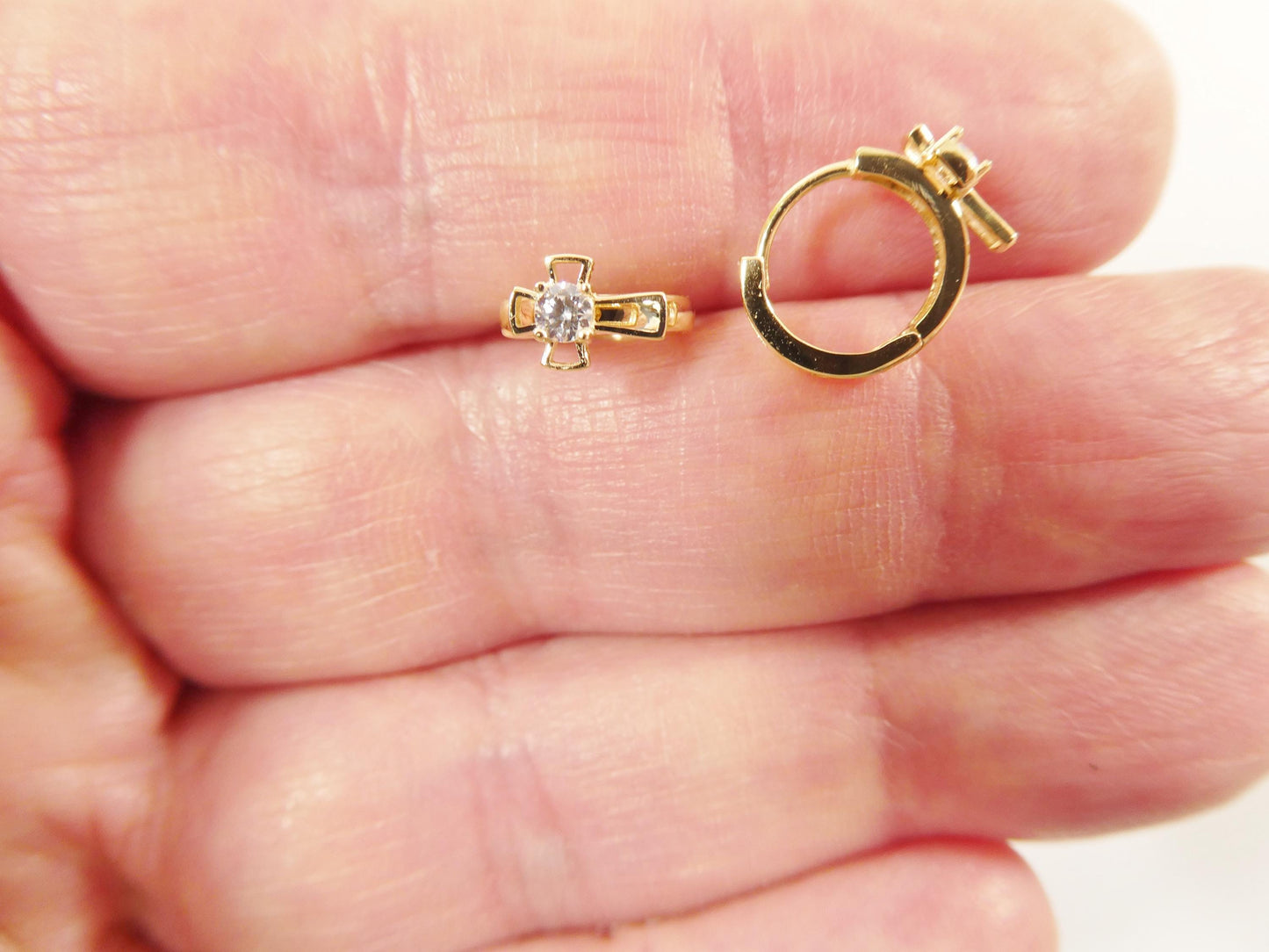 10k real solid yellow gold small huggie cross hoop fancy earring