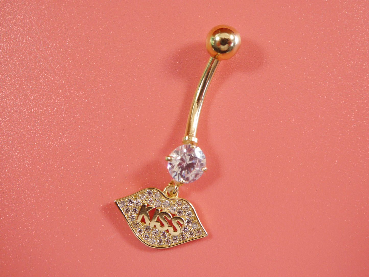 14k real solid yellow gold dangling logo kiss lips belly button ring piercing