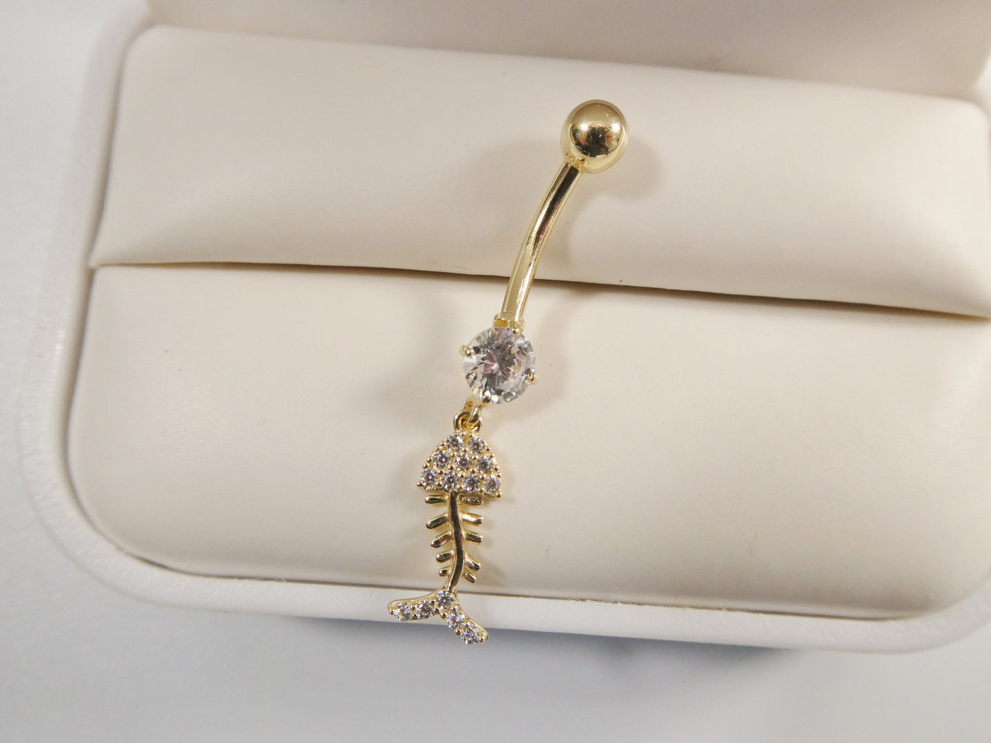 14k real solid yellow gold fish skeleton dangling belly button ring piercing