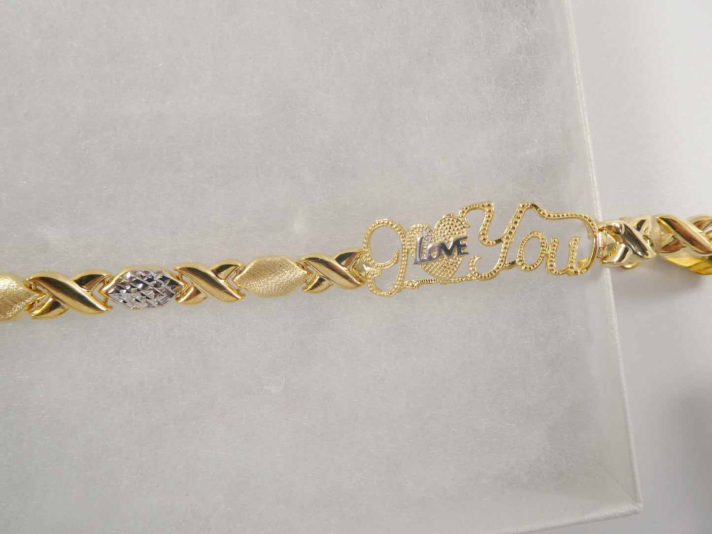 real 925 sterling silver I love you xo xo stampato bracelet 14k yellow gold two tone finish