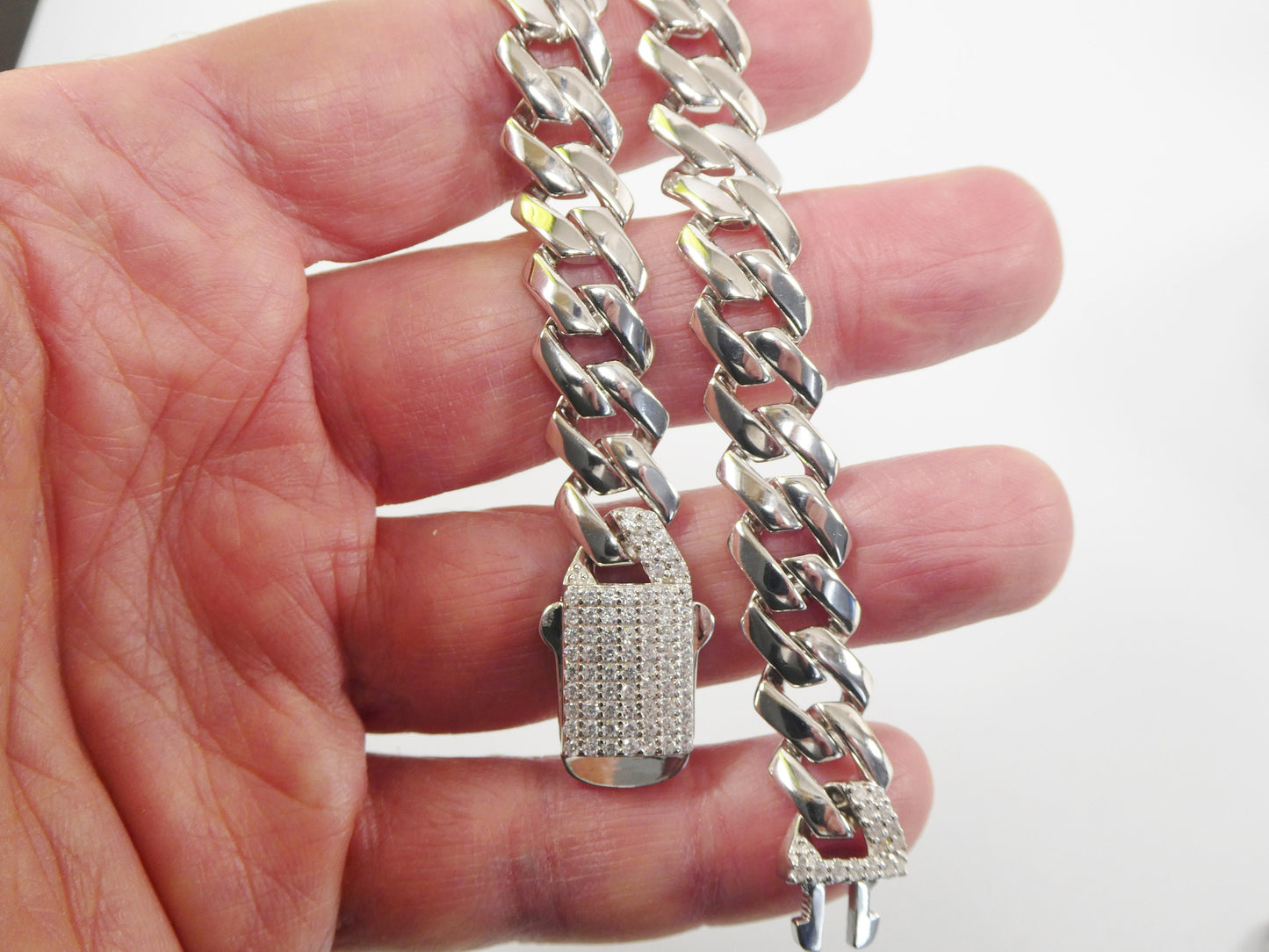 11mm real 925 sterling silver Monaco style bracelet and necklace 14k white gold finish