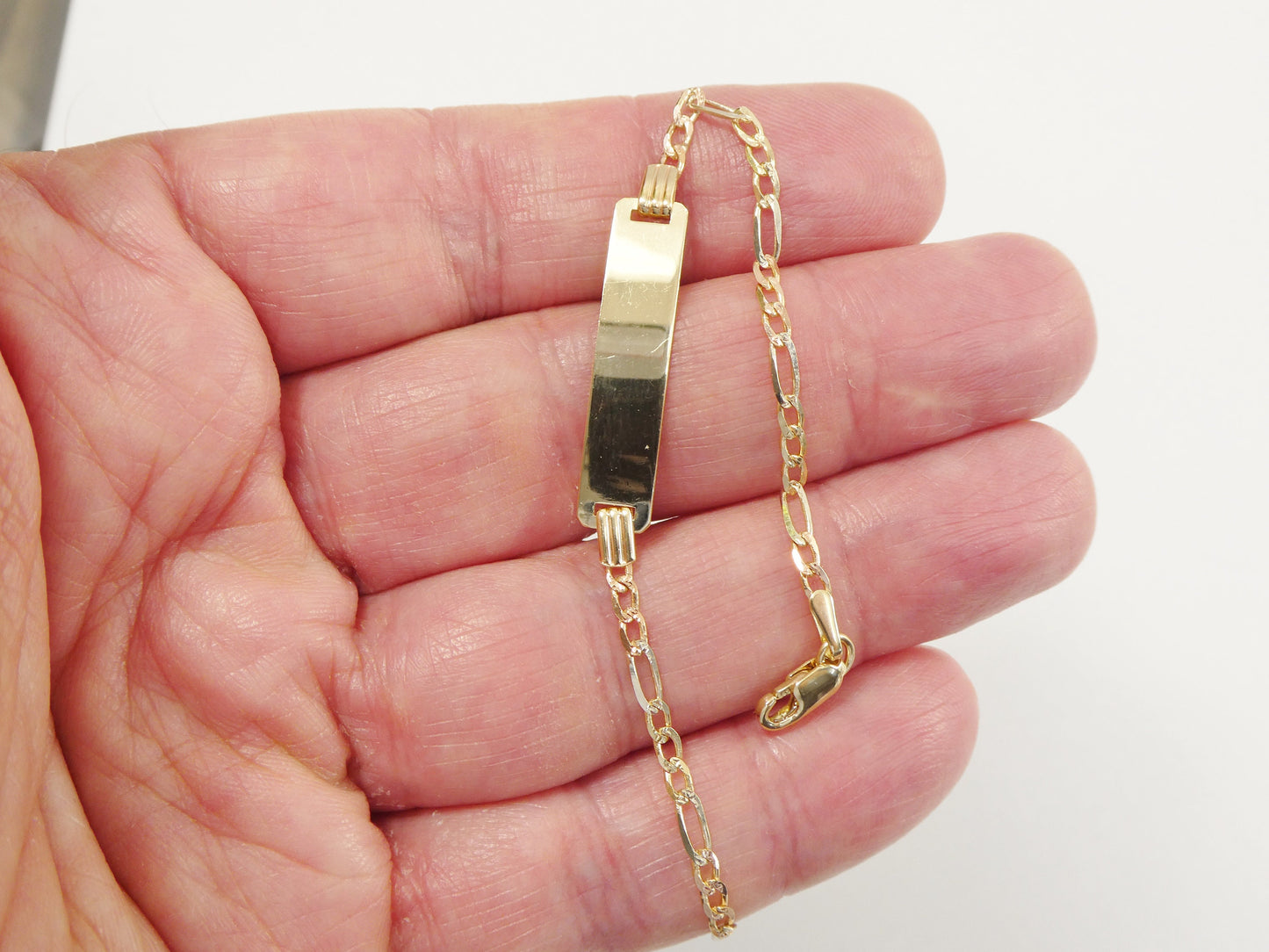 14K real solid yellow gold 6 inch Figaro style tri color baby ID bracelet