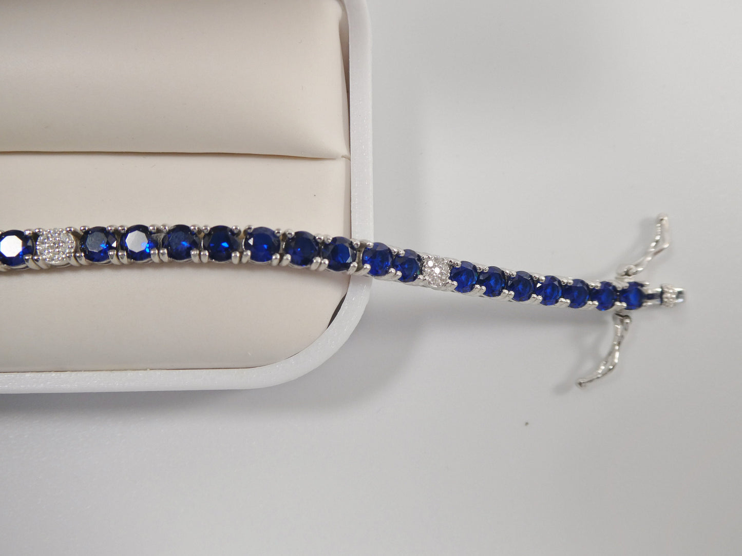 Real 925 sterling silver sapphire spinel tennis bracelet box lock clasp