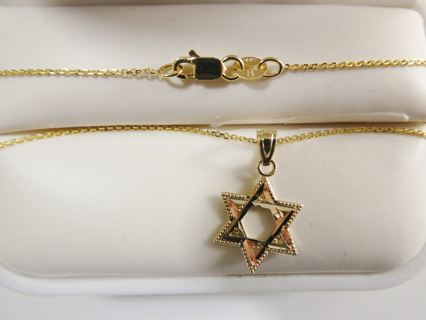 14k real solid yellow gold star of david pendent and cable necklace