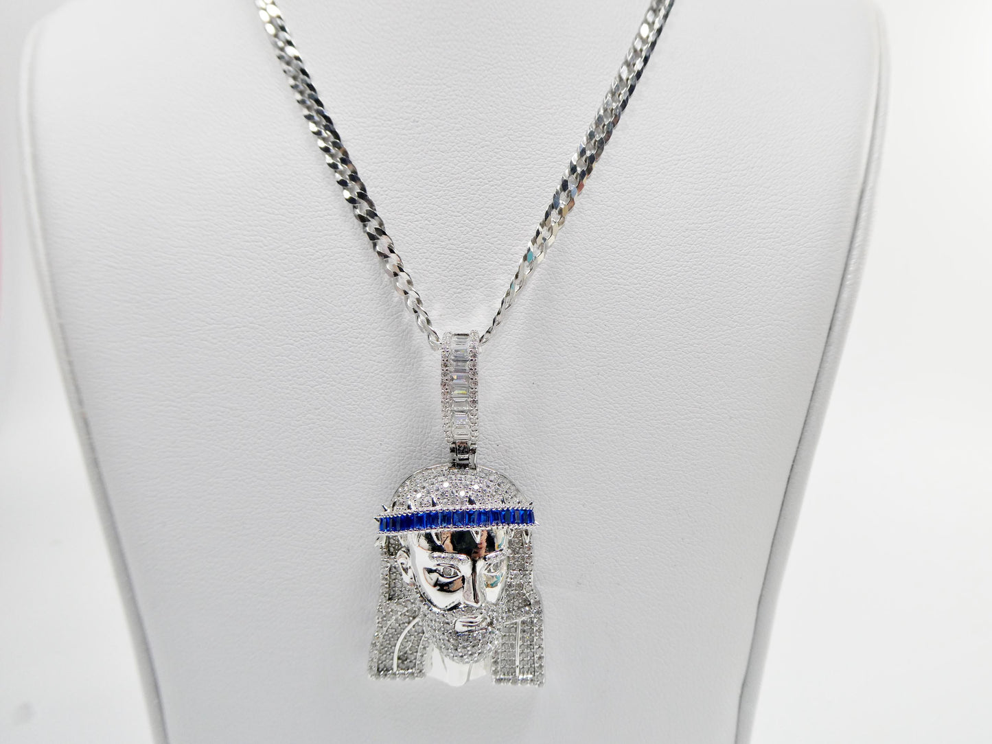 real 925 sterling silver 22 inch flat chain and large Jesus head pendent charm