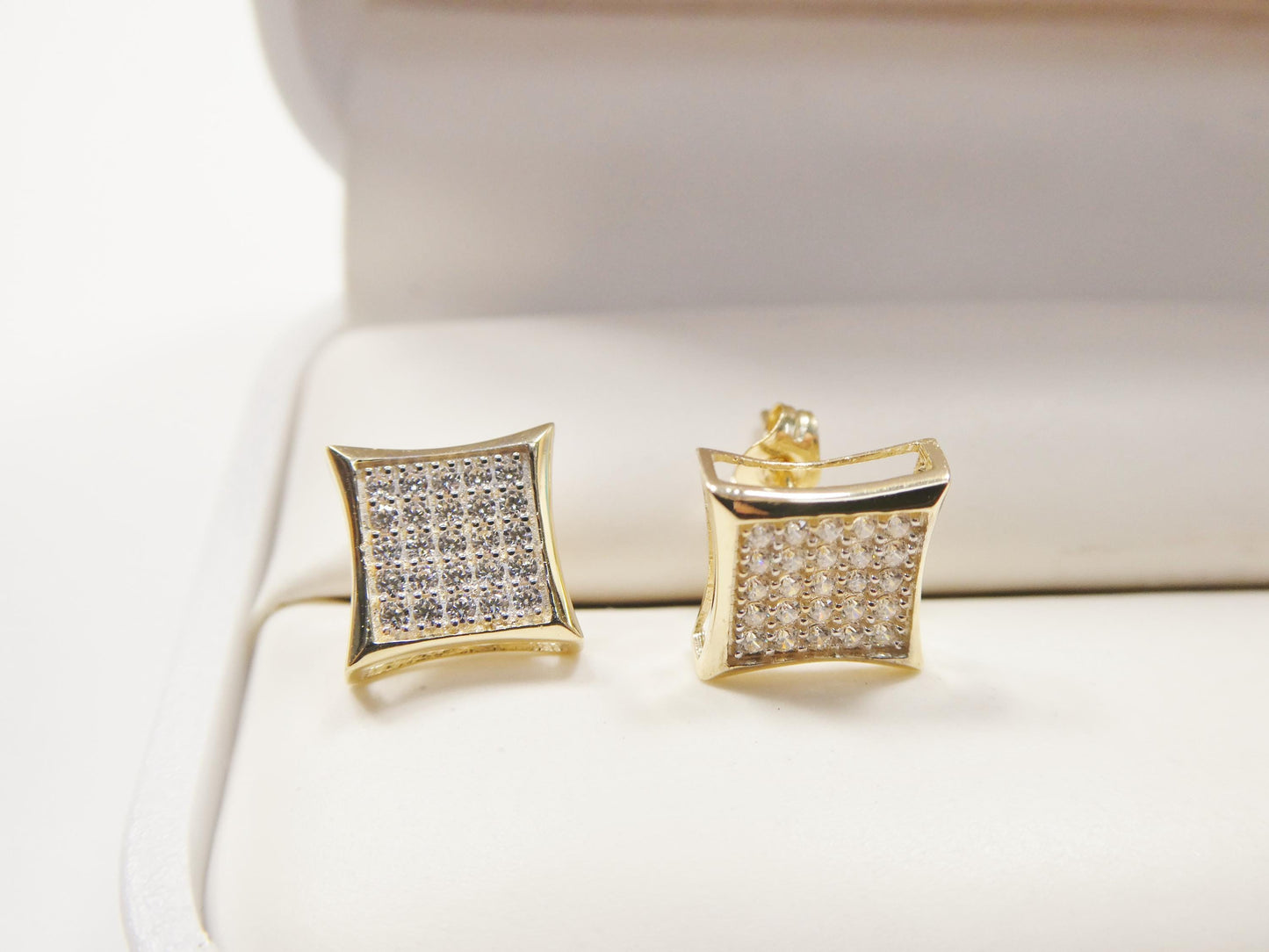 real 10k solid yellow gold square kite shape push post stud earring